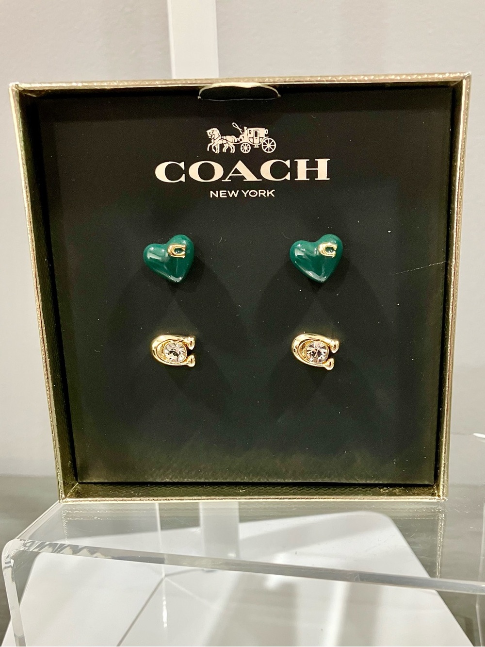 Coach Green Heart and Gold CZ Stud Earring Set
